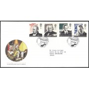 Gran Bretaña 1833/36 1995 SPD FDC Pioneros de la comunicación Rowland Hill y Guglielmo Marconi London Sobre primer día