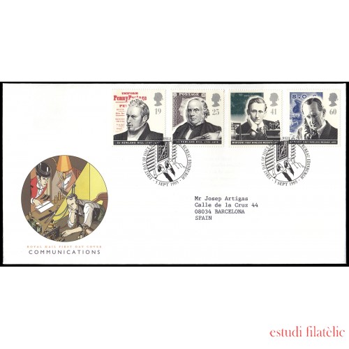 Gran Bretaña 1833/36 1995 SPD FDC Pioneros de la comunicación Rowland Hill y Guglielmo Marconi Philatelic Bureau Sobre primer día