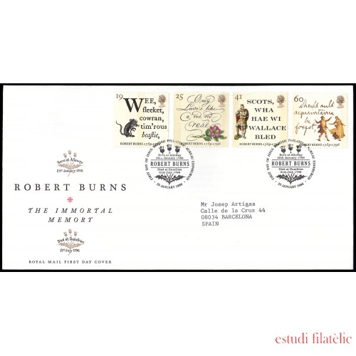 Gran Bretaña 1847/50 1996 SPD FDC 200 aniv. de la muerte del poeta escocés Robert Burns Philatelic Bureau Sobre primer día