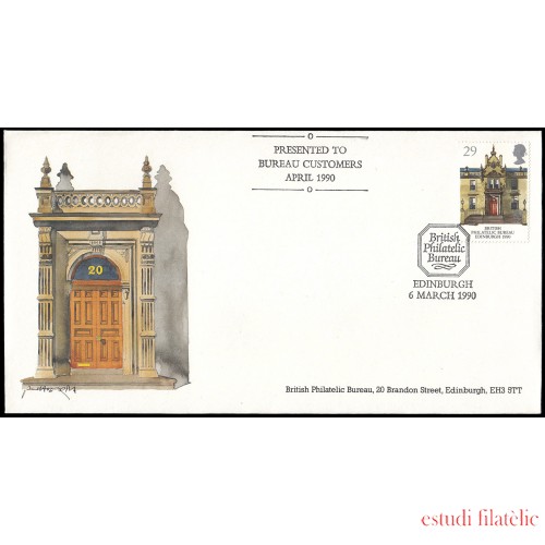 Gran Bretaña 1456 1990 Edificios de correos Sobre con matasello conmemorativo Philatelic Bureau