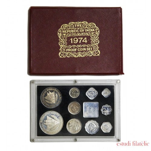 India Estuche Oficial de Monedas Proof de la India de 1974 con 50 Rupias Proof de Plata y 10 Rupias Proof