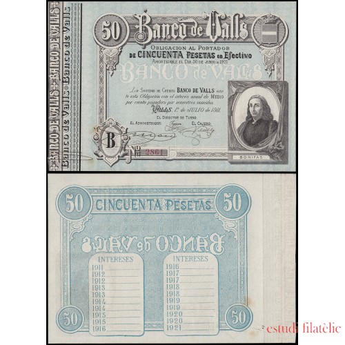 Billete Banco de Valls 50 ptas 1921 Sin circular