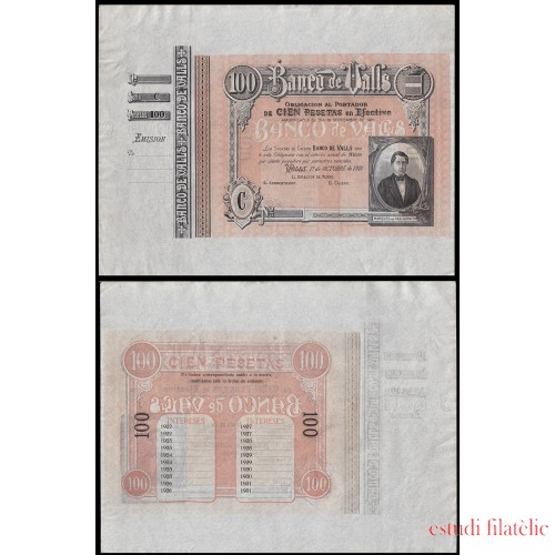 Billete Banco de Valls 100 ptas 1921 Sin firmas y sin numeración Con matriz Sin circular