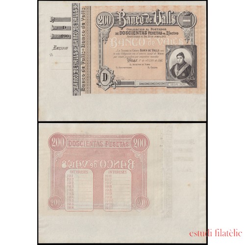 Billete Banco de Valls 200 ptas 1921 Sin firmas y sin numeración Con matriz Sin circular