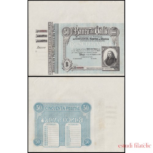 Billete Banco de Valls 50 ptas 1921 Sin firmas y con matriz Sin circular Precioso