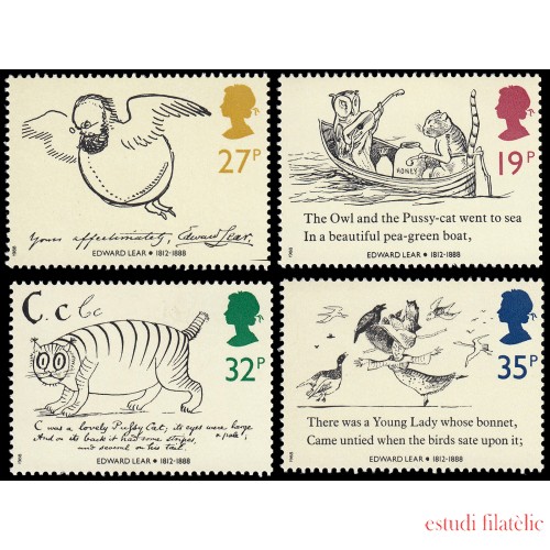 Gran Bretaña 1536/39 1988 Centenario de la muerte de Edward Lear autor de cuentos infantiles MNH