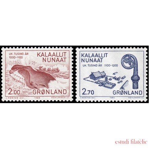 Groenlandia 126/27 1982 1000 años de Colonización de Groenlandia Sede del obispo y báculo del obispo Smyrill MNH