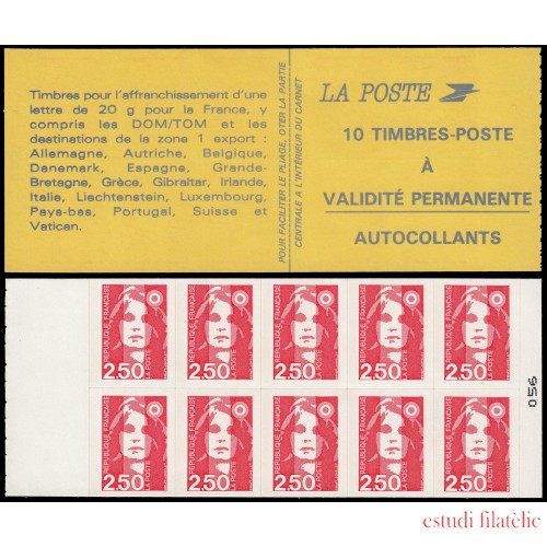 France Francia Carnets 2874-C2 Tipo Marianne de Briat rojo 10 sellos Autoadhesivos