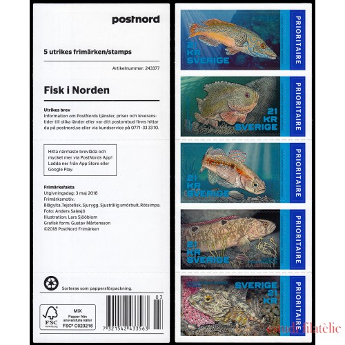 Suecia Sweden C3201 2018 Fauna acuática Peces de la región nórdica Carnet Autoadhesivos