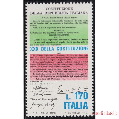 Italia Italy 1351 1978 30º Aniversario de la Constitución partes del texto MNH