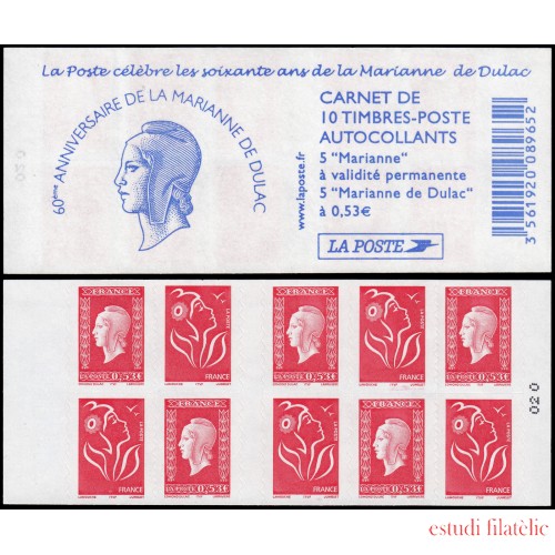 France Francia Carnets 1513-C  10 sellos 5 nº 3744a Marianne de Lamouche + 5 sellos nº3841 Marianne de Dulac Autoadhesivos