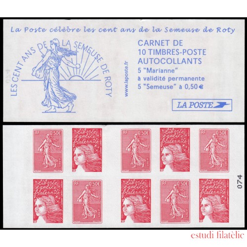 France Francia Carnets 1511-C  10 sellos 5 nº 3419a Marianne del 14 J +5 nº 3619 Sembradora de Roty Autoadhesivos 