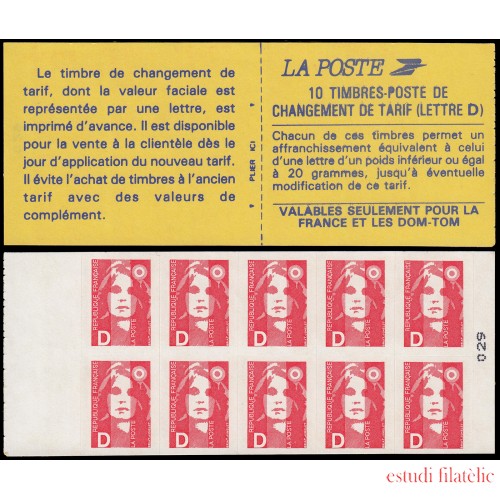 France Francia Carnets  2713-C1 Serie Marianne de Briat Carnet 10 sellos nº 2713 Cambio de tarifa (letra D) en reverso Autoadhesivos