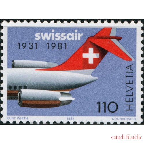 TRA2/S Suiza Switzerland 1125 1981 50 Aniv. de la compañía aérea Swissair Cola de avión MNH