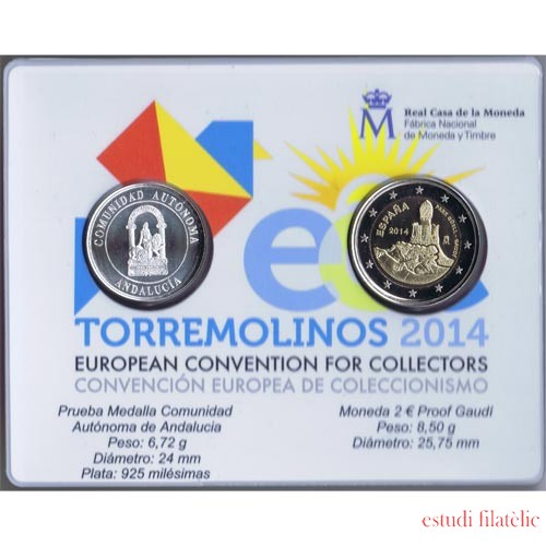 Moneda 2 € Proof Gaudí + prueba medalla Andalucía Torremolinos 2014