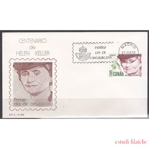 España Spain 2574 1980 Centenario de Hellen Keller SPD Sobre Primer Día