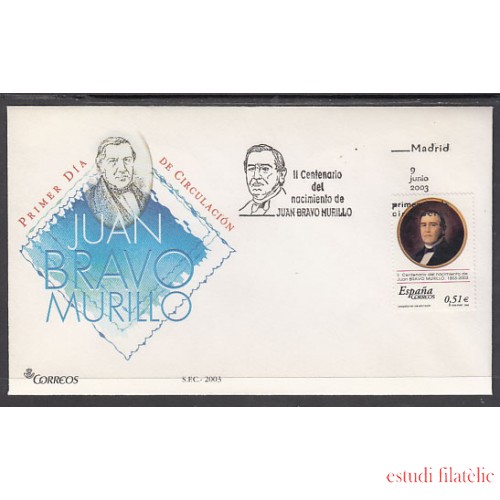 España Spain 3994 2003 II Centenario del nacimeinto de Juan Bravo Murillo 1803 1873, SPD FDC SOBRE PRIMER DIA 