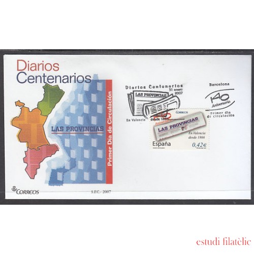 España Spain 4309 2007 Diarios Centenarios Las Provincias SPD Sobre Primer Día