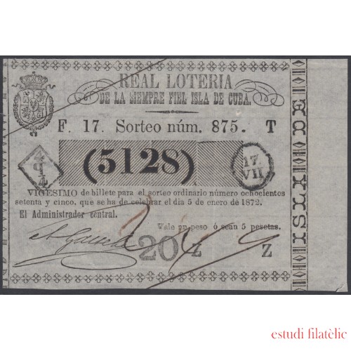 Cuba Lotería De La Isla 05 de Enero de 1872 Sorteo nº 875 ( 5128 )