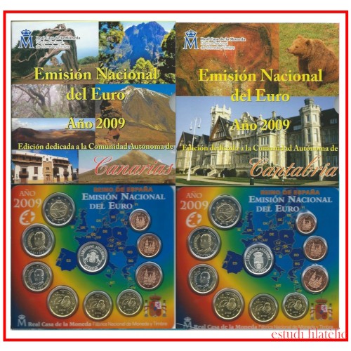 España Spain 2009 2 Carteras Oficiales Euros € Serie Autonomías Canarias y Cantabria + 2€ com. EMU  + 2 medallas plata escudo