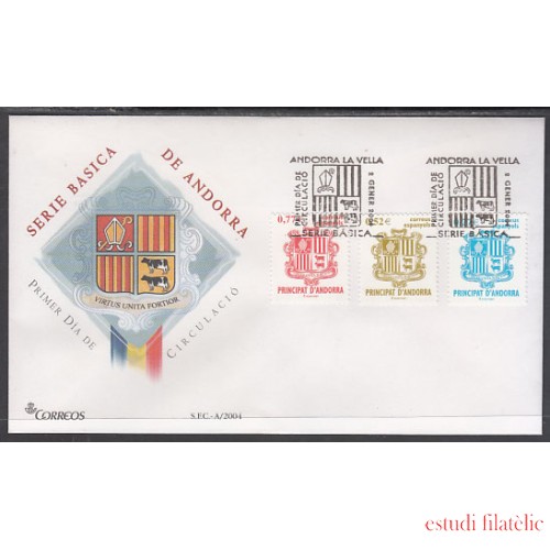 Andorra Española 312/14 2004 Principado de Andorra, escudos SPD Sobre Primer día