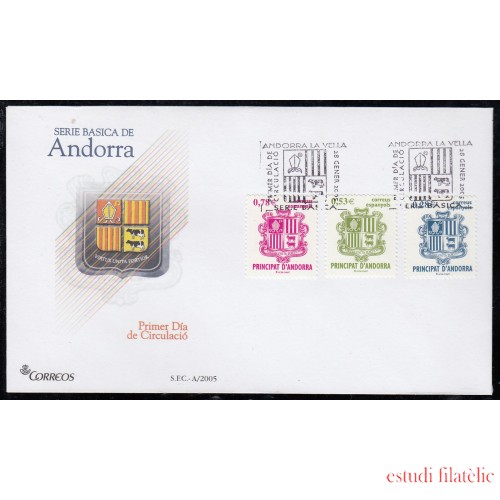 Andorra Española 324/26 2005 Principado de Andorra, escudos SPD Sobre Primer día 