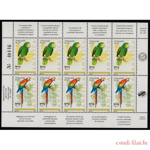 Upaep Venezuela 1644/45 1993 Mini hoja pájaros bird fauna Amazona bardanensis Ara macao MNH