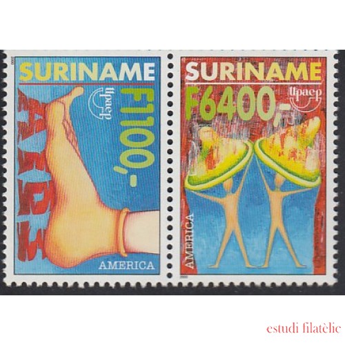 Upaep Suriname  1579E/F 1747/48 2000 VIH Sida AIDS Pie con preservativo Hombres protegiéndose MNH