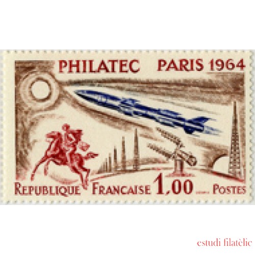 France Francia Nº 1422 1964 PHILATEC París Mísil, caballo, antenas... con viñeta Fijasellos